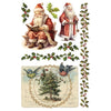 Vintage-style Christmas illustrations with Santa Claus, holly leaves, and a tree. Santa's Hollow Transfer by IOD available at Rustic Ranch Furniture and Decor.