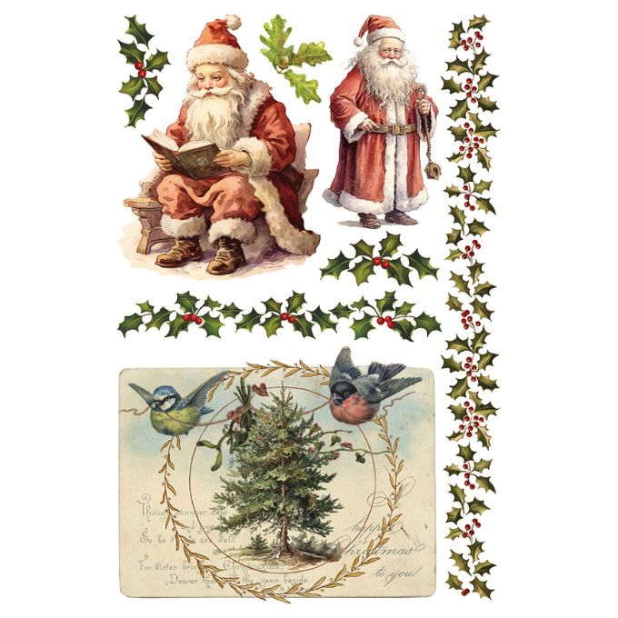 Vintage-style Christmas illustrations with Santa Claus, holly leaves, and a tree. Santa's Hollow Transfer by IOD available at Rustic Ranch Furniture and Decor.