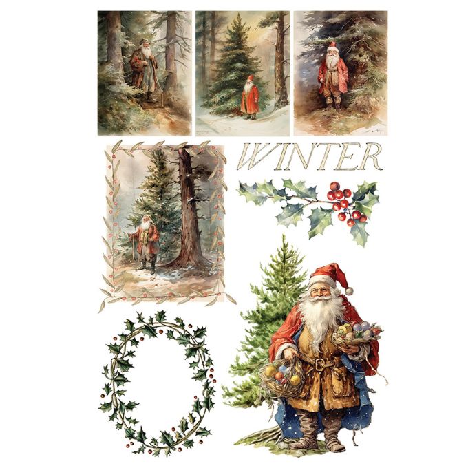 Collage of vintage-style Christmas illustrations featuring Santa Claus and winter scenes. Santa's Hollow Transfer by IOD available at Rustic Ranch Furniture and Decor.