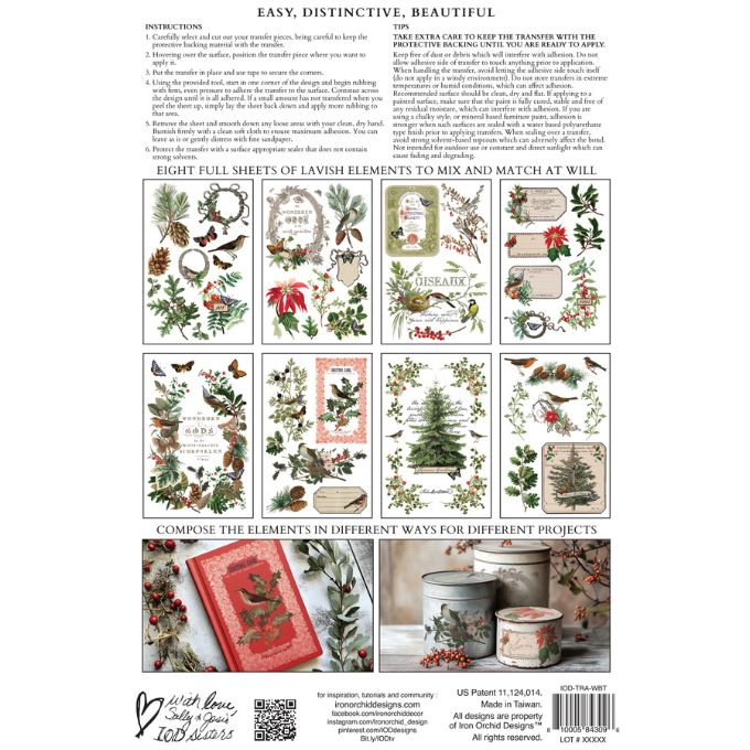 Packaging for decorative elements with Christmas-themed designs on a white background. Winter Botanist Transfer by IOD available at Rustic Ranch Furniture and Decor.