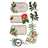 Decorative Christmas-themed labels with holly, poinsettias, and vintage text on a white background. Winter Botanist Transfer by IOD available at Rustic Ranch Furniture and Decor.