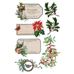 Decorative Christmas-themed labels with holly, poinsettias, and vintage text on a white background. Winter Botanist Transfer by IOD available at Rustic Ranch Furniture and Decor.