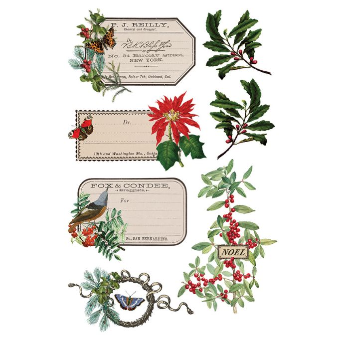 Decorative Christmas-themed labels with holly, poinsettias, and vintage text on a white background. Winter Botanist Transfer by IOD available at Rustic Ranch Furniture and Decor.