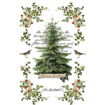 Decorative Christmas card with a tree, birds, and foliage on a white background. Winter Botanist Transfer by IOD available at Rustic Ranch Furniture and Decor.