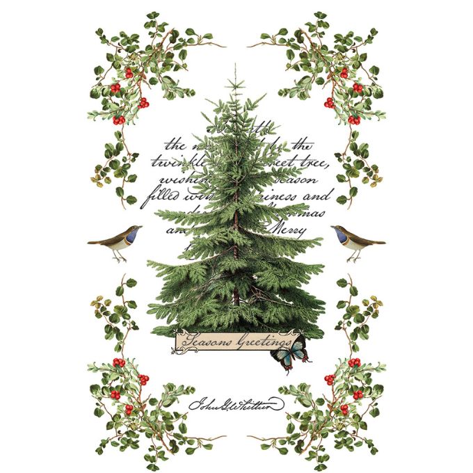 Decorative Christmas card with a tree, birds, and foliage on a white background. Winter Botanist Transfer by IOD available at Rustic Ranch Furniture and Decor.