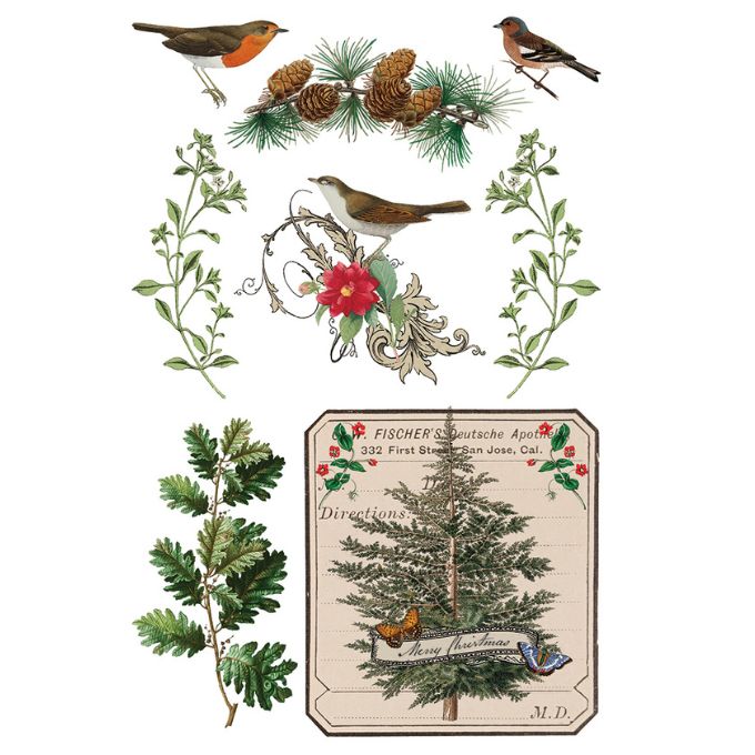 Decorative design with birds, flowers, and a tree on a white background. Winter Botanist Transfer by IOD available at Rustic Ranch Furniture and Decor.