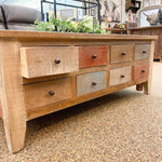 Antique Multi Colour Eight Drawer Coffee Table with Storage available at Rustic Ranch Furniture and Decor.