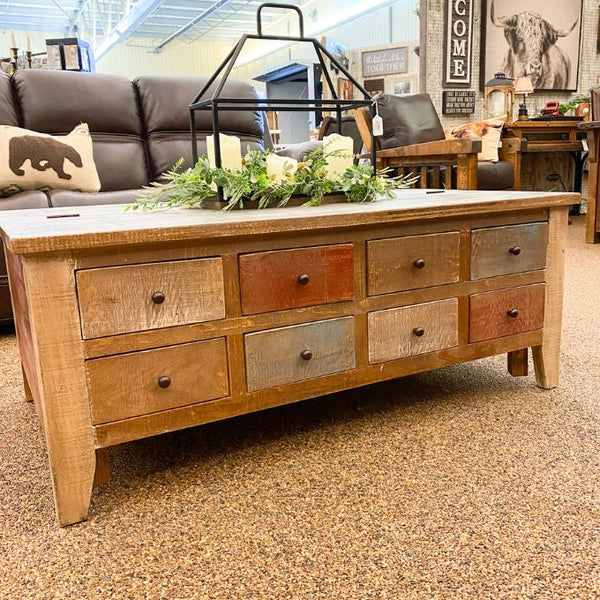 ANTIQUE MULTI COLOUR EIGHT DRAWER COFFEE TABLE W/ STORAGE – Rustic