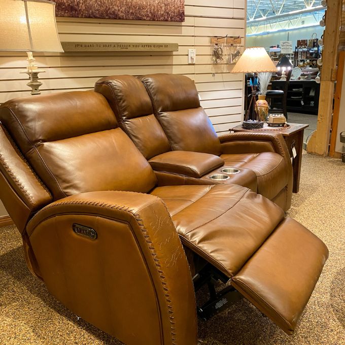 Mustang Reclining Loveseat with Console available at Rustic Ranch Furniture and Decor.