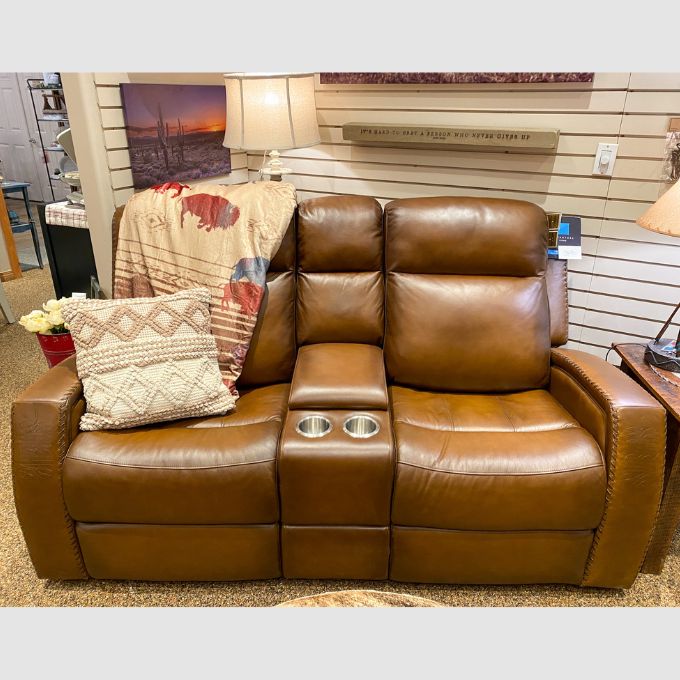 Mustang Reclining Loveseat with Console available at Rustic Ranch Furniture and Decor.