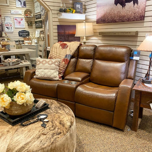 Mustang Reclining Loveseat with Console available at Rustic Ranch Furniture and Decor.