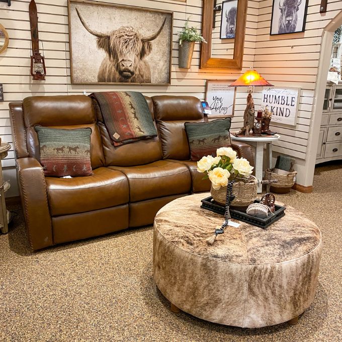 Mustang Power Reclining Sofa with Power Head Rests available at Rustic Ranch Furniture and Decor.