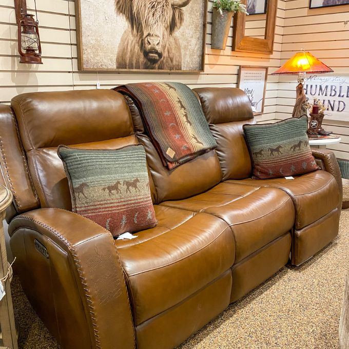 Mustang Power Reclining Sofa with Power Head Rests available at Rustic Ranch Furniture and Decor.