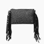 Floral Fringe Crossbody Bag - Black