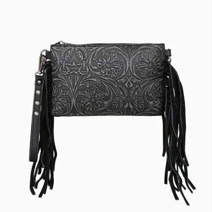 Floral Fringe Crossbody Bag - Black