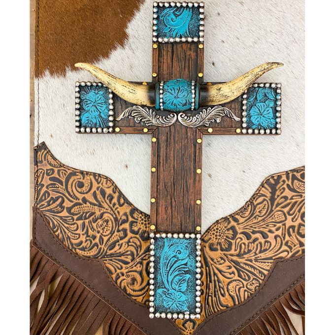 Horns and Tooled Leather Cross
