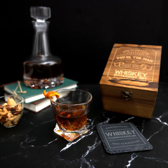 Grandpa Gift Box with Whiskey Glass and Slate Coaster