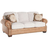 Beige sofa with white cushions and patterned brown pillows on a white background.  Emerson Sofa available at Rustic Ranch Furniture and Decor.