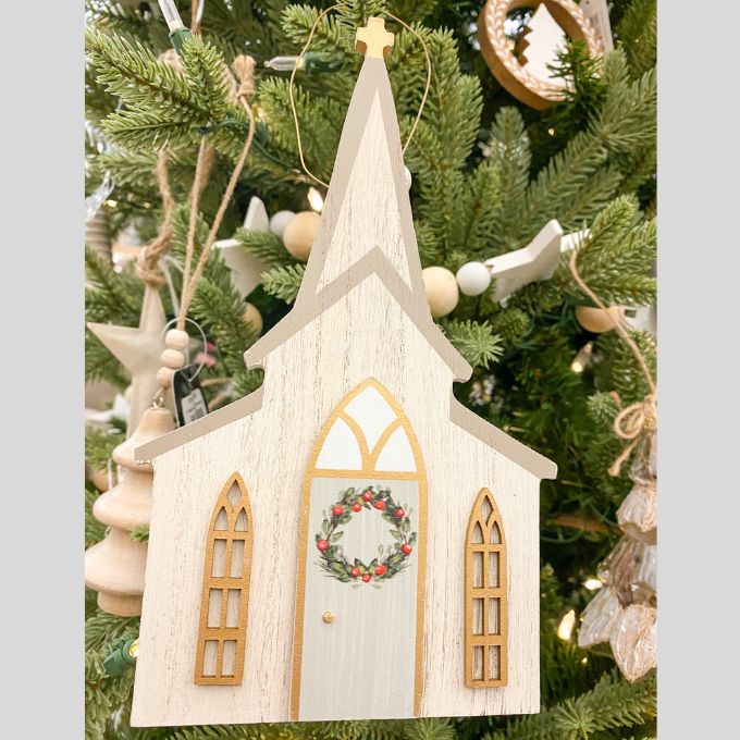 White Wooden Church Ornament