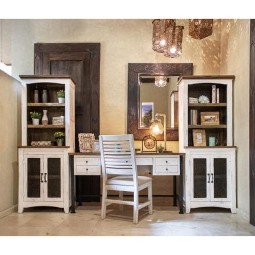 office set with wooden furniture including a desk, chairs, and cabinets. Stone Ivory Chair with Fabric Seat available at Rustic Ranch Furniture and Decor.