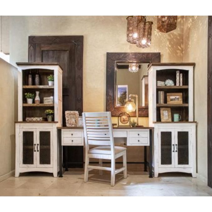 office set with wooden furniture including a desk, chairs, and cabinets. Stone Ivory Chair with Fabric Seat available at Rustic Ranch Furniture and Decor.