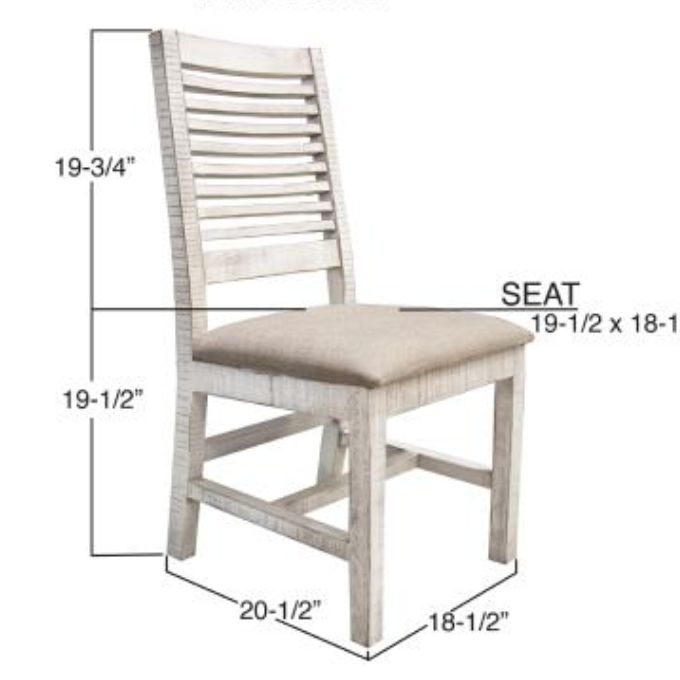 White wooden chair with measurements on a white background. Stone Ivory Chair with Fabric Seat available at Rustic Ranch Furniture and Decor.
