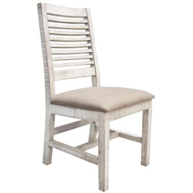 White wooden chair with a beige cushion on a white background. Stone Ivory Chair with Fabric Seat available at Rustic Ranch Furniture and Decor.