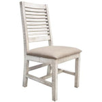 White wooden chair with a beige cushion on a white background. Stone Ivory Chair with Fabric Seat available at Rustic Ranch Furniture and Decor.