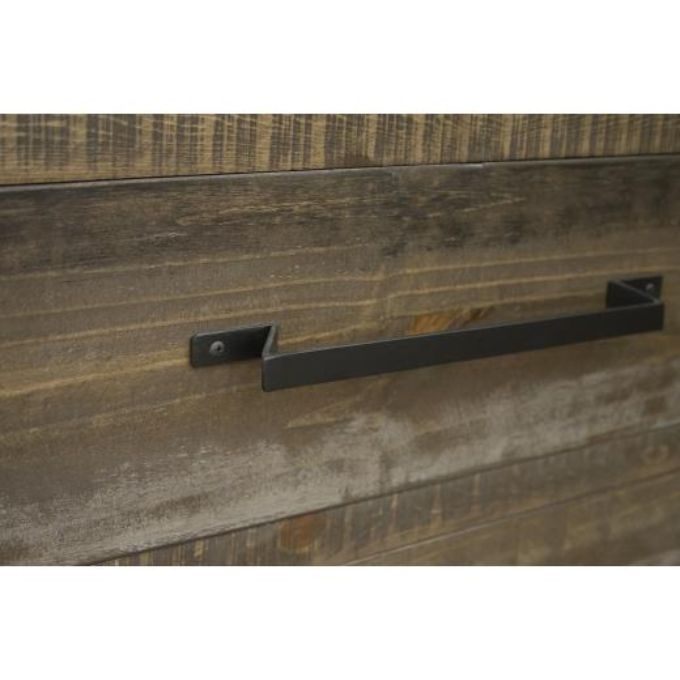 Wooden drawer with a metal handle on a white background. Loft Brown Filing Cabinet available at Rustic Ranch Furniture and Decor.