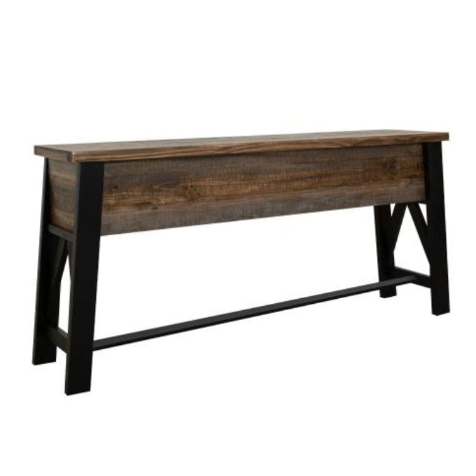 Wooden sofa table with black legs on a white background. Loft Brown Counter Height Sofa Table available at Rustic Ranch Furniture and Decor.
