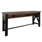 Wooden Sofa table with black metal legs on a white background. Loft Brown Counter Height Sofa Table available at Rustic Ranch Furniture and Decor.