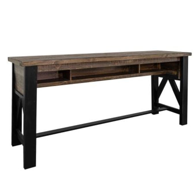 Wooden Sofa table with black metal legs on a white background. Loft Brown Counter Height Sofa Table available at Rustic Ranch Furniture and Decor.