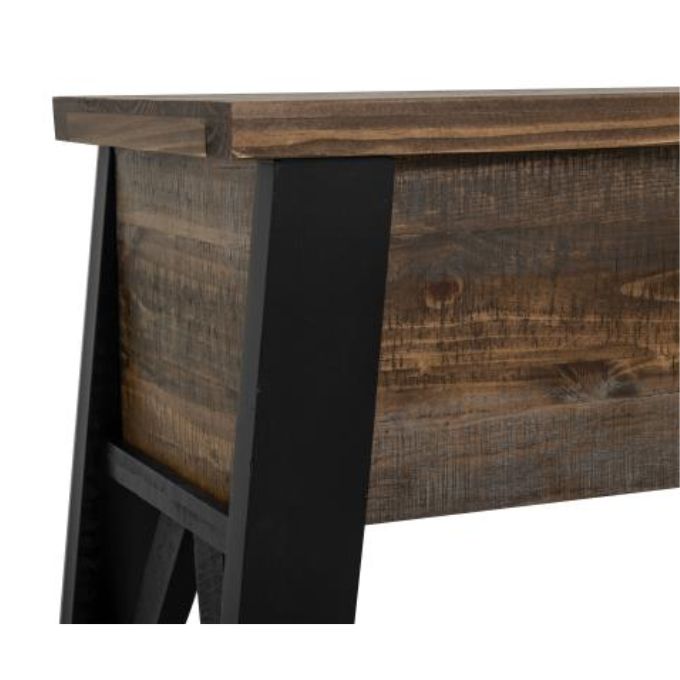 Wooden sofa table with dark brown finish and black legs on a white background. Loft Brown Counter Height Sofa Table available at Rustic Ranch Furniture and Decor.