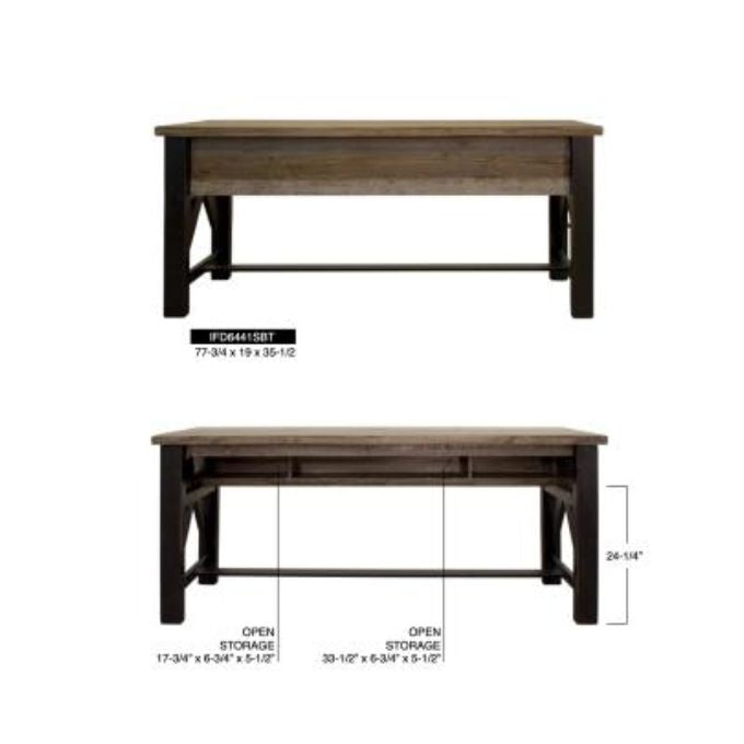 Wooden sofa table with dimensions on a white background. Loft Brown Counter Height Sofa Table available at Rustic Ranch Furniture and Decor.