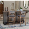 Wooden bar with two stools in a room with decorative elements. Loft Brown Wooden Stool with Back- 24" and 30" available at Rustic Ranch Furniture and Decor.