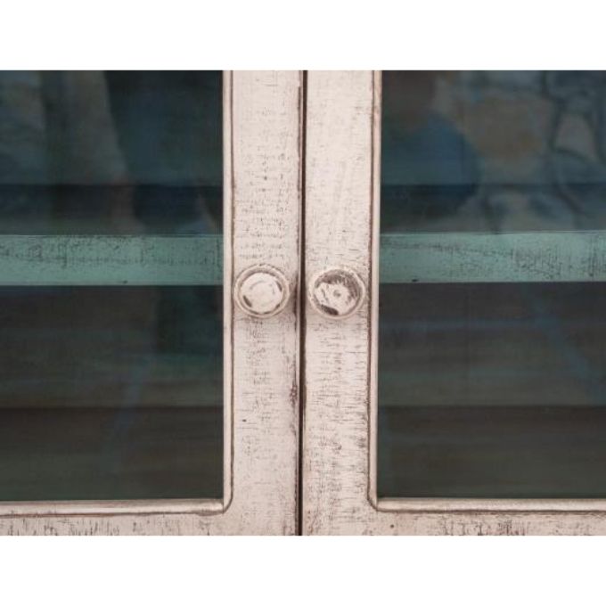 Close-up of a glass doors with wooden knobs.  Aruba Sky Blue Cabinet - TV Stand available at Rustic Ranch Furniture and Decor.
