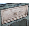 Vintage-style wooden drawer with a distressed finish on a matching cabinet.  Aruba Sky Blue Cabinet - TV Stand available at Rustic Ranch Furniture and Decor.