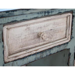 Vintage-style wooden drawer with a distressed finish on a matching cabinet.  Aruba Sky Blue Cabinet - TV Stand available at Rustic Ranch Furniture and Decor.