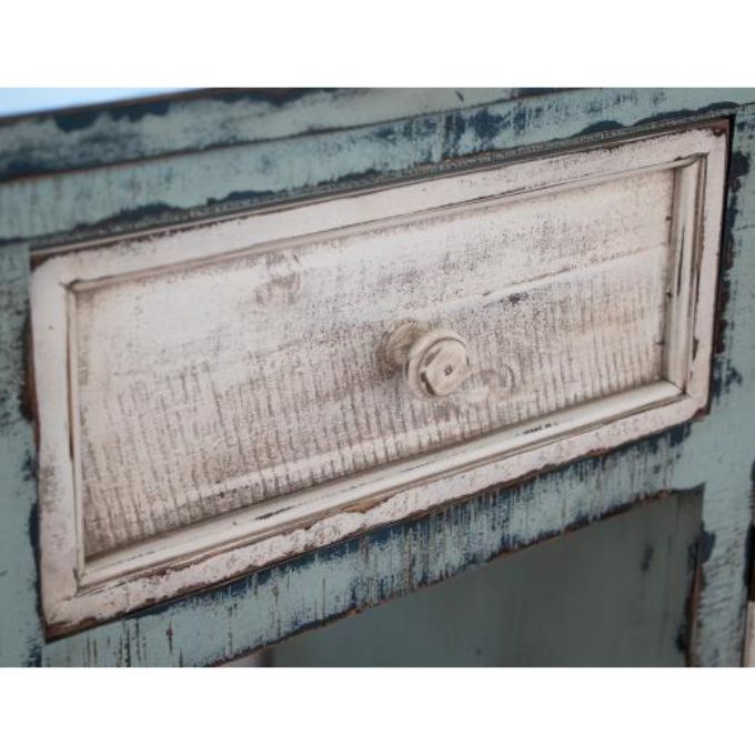 Vintage-style wooden drawer with a distressed finish on a matching cabinet.  Aruba Sky Blue Cabinet - TV Stand available at Rustic Ranch Furniture and Decor.