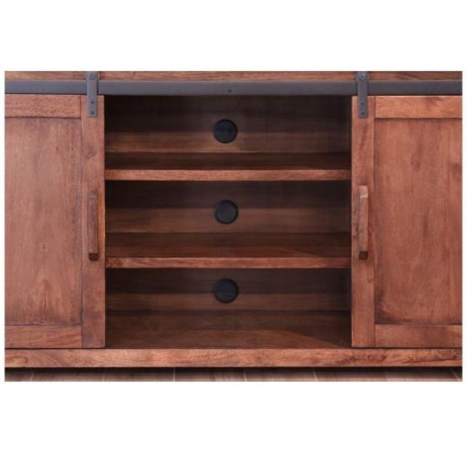 Wooden cabinet with sliding doors on a white background.  Parota TV Stands - 60" and 70" available at Rustic Ranch Furniture and Decor.