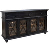 Black wooden cabinet with glass doors on a white background. Vintage Black 70" Cabinet available at Rustic Ranch Furniture and Decor.