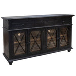 Black wooden cabinet with glass doors on a white background. Vintage Black 70" Cabinet available at Rustic Ranch Furniture and Decor.