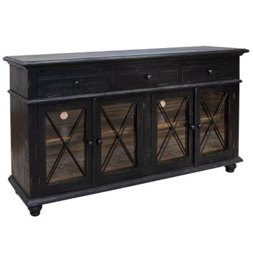 Black wooden cabinet with glass doors on a white background. Vintage Black 70" Cabinet available at Rustic Ranch Furniture and Decor.