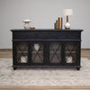 Black sideboard with glass doors in a room setting. Vintage Black 70" Cabinet available at Rustic Ranch Furniture and Decor.