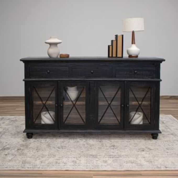 Black sideboard with glass doors in a room setting. Vintage Black 70" Cabinet available at Rustic Ranch Furniture and Decor.