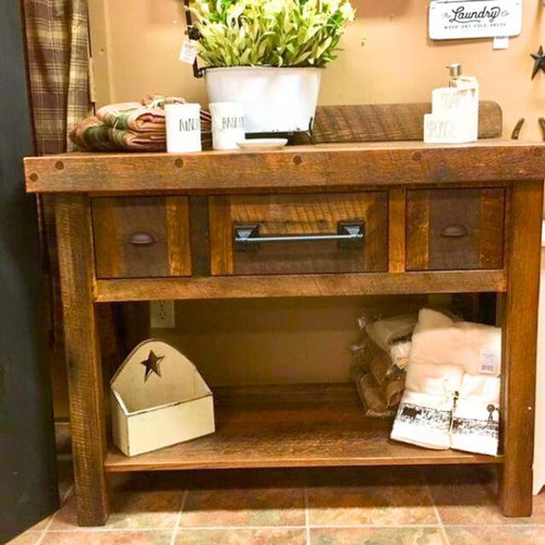 Barnwood Vanity with Edged Laminate Top available at Rustic Ranch Furniture and Decor.