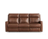 Brown leather sofa on a white background. Vienna Reclining Sofa available at Rustic Ranch Furniture and Decor.