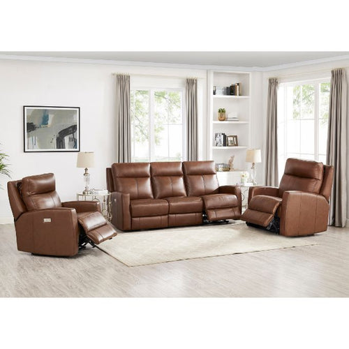 Brown leather reclining sofa set in a living room with white walls and large windows. Vienna Recliner Chair available at Rustic Ranch Furniture and Decor.