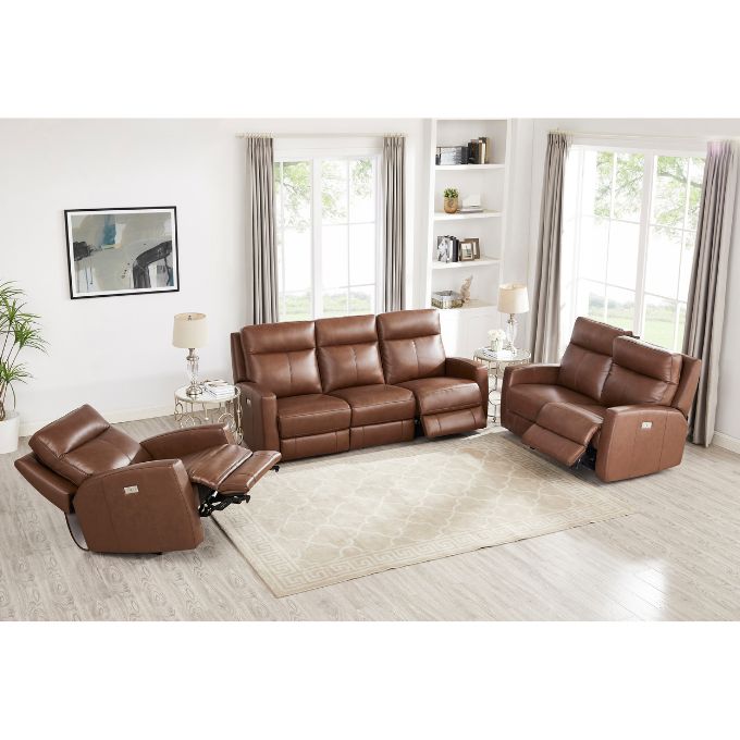 Brown leather reclining sofa set in a living room with decor elements. The Vienna Recliner, Vienna Reclining Sofa and Vienna Reclining Loveseat available at Rustic Ranch Furniture.