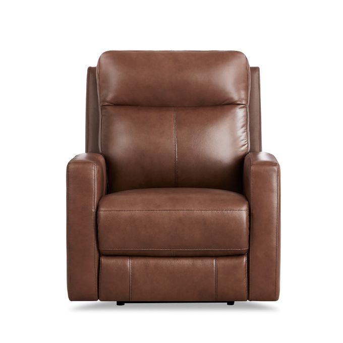 Brown leather recliner chair on a white background.  Vienna Recliner Chair available at Rustic Ranch Furniture and Decor.
